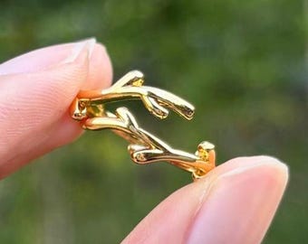 Antler Twig Adjustable Ring, Branch Ring, Band Ring For Her, 14K Yellow Gold Delicate Wedding Ring