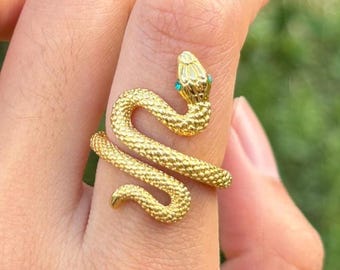 Handmade 14K Gold Finish Snake Ring, Emerald Accent Jewelry, Wrap Around Double Snake Ring, Serpent Ring