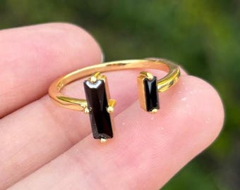 Double Bar Stacking Ring - Black Obsidian Stones