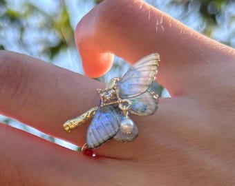Moth Ring with Pearl, Cute Moth Wings Rings, Insect Fairy Resin Wings Jewelry, Handmade Gift for Her