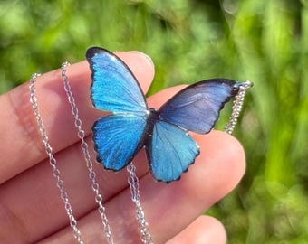 Blue Morpho Butterfly Necklace, Flower Necklace, Fairy Resin Jewelry, Unique Gift for her