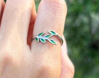 Sterling Silver Leaf Ring: Green Blue Enamel, Nature Jewelry