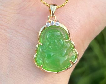 Genuine Green Jade Buddha Necklace, Happy Buddha Necklace