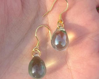 Glass Teardrop Earrings, Handmade Green Gold Glass Earrings, Glass Teardrop Earrings