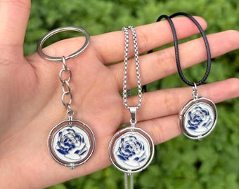 Arcane Inspired Blue Rose Necklace, Rotating Hextech Pendant Silver Rose Charm Pendant