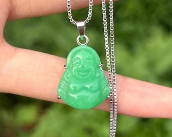 Genuine Green Jade Buddha Necklace, Happy Buddha Pendant