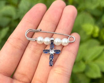 Safety Pearl Cross Blue Crystal Cross Brooch, Wedding Bouquet Pin, Something Old, Something New, Something Borrowed, Something Blue
