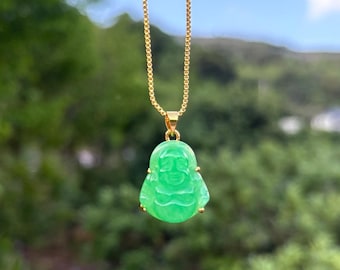 Happy Buddha Green Jade Necklace- 18k Gold-Filled Pendant
