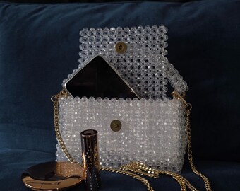 PRECIOSAの鮮やかなクリスタルABビーズバッグ：ハンドメイドの高級