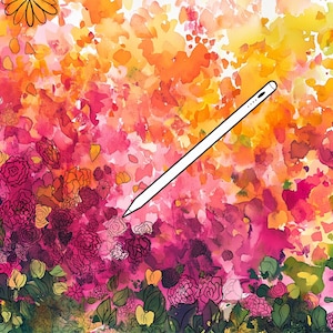 Könnte beinhalten: Ein weißer Stift mit schwarzer Spitze liegt diagonal vor einem lebendigen Aquarellhintergrund. Der Hintergrund zeigt eine Mischung aus rosa, orange und gelben Farbtönen mit floralen Umrissen und Blattdetails.