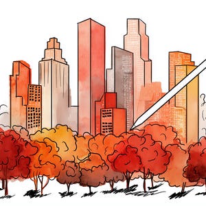May include: A watercolour illustration of a city skyline with tall buildings in shades of orange, red, and grey, set behind a dense forest of autumn trees in vibrant red and orange hues, with a white digital stylus positioned diagonally across.