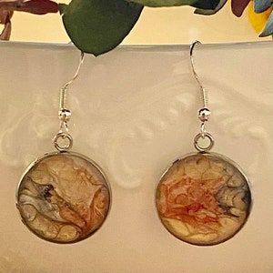 Unique Abstract Dangle Earth Tone Earrings, Hand Painted Pebeo Paint, Resin, Sterling Silver image 1