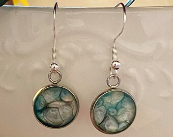 Unique Abstract Dangle Turquoise, Teal Earrings, Hand Painted Pebeo Paint, Resin, Sterling Silver