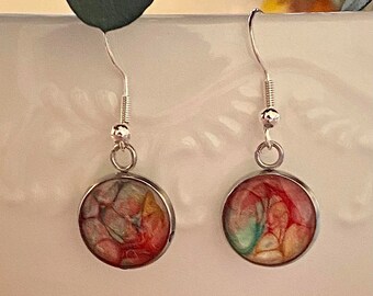 Hand Painted Abstract Resin Dangle Earrings, Sterling Silver