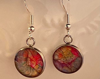 Unique Abstract Dangle Rainbow Multi-color Earrings, Hand Painted Pebeo Paint, Resin, Sterling Silver