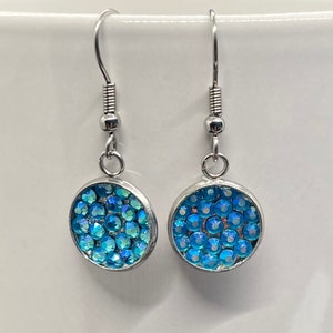 Blue Aurora Borealis Crystal Round Dangle Sterling Silver Hooked Earrings