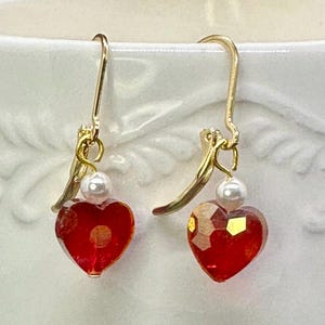 Valentine’s Red Heart Crystal and Pearl Dangle Sterling Silver or Gold Plated Lever back Earrings