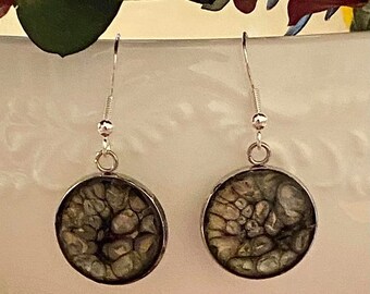 Unique Abstract Dangle Smoky Grey Earrings, Hand Painted Pebeo Paint, Resin, Sterling Silver