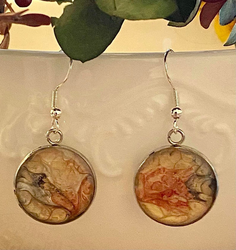 Unique Abstract Dangle Earth Tone Earrings, Hand Painted Pebeo Paint, Resin, Sterling Silver image 1