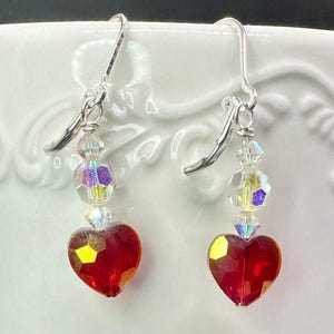 Valentine’s Red Heart Crystal Dangle Sterling Silver or Gold Plated Lever back Earrings