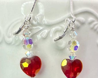 Valentine’s Red Heart Crystal Dangle Sterling Silver or Gold Plated Lever back Earrings