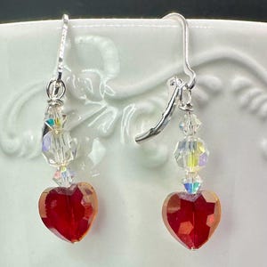 Valentine’s Red Heart Crystal Dangle Sterling Silver or Gold Plated Lever back Earrings