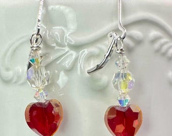 Valentine’s Red Heart Crystal Dangle Sterling Silver or Gold Plated Lever back Earrings