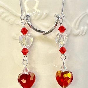 Valentine’s Red Heart Crystal Dangle Sterling Silver or Gold Plated Lever back Earrings