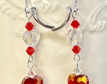 Valentine’s Red Heart Crystal Dangle Sterling Silver or Gold Plated Lever back Earrings