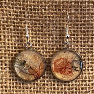 Unique Abstract Dangle Earth Tone Earrings, Hand Painted Pebeo Paint, Resin, Sterling Silver image 2