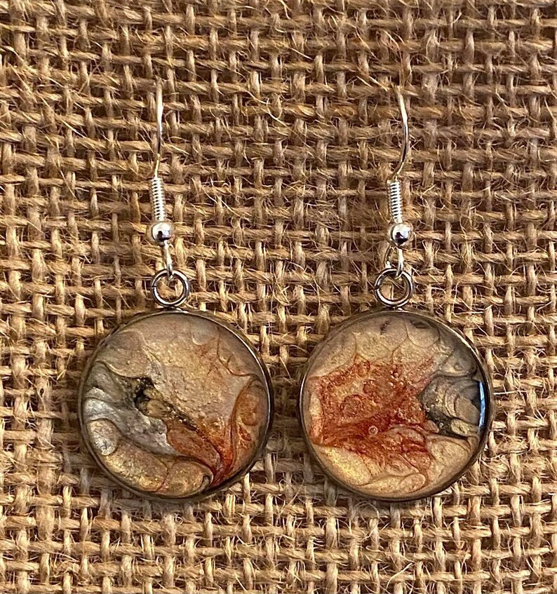 Unique Abstract Dangle Earth Tone Earrings, Hand Painted Pebeo Paint, Resin, Sterling Silver image 2