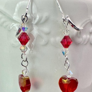 Valentine’s Red Heart Crystal Dangle Sterling Silver or Gold Plated Lever back Earrings