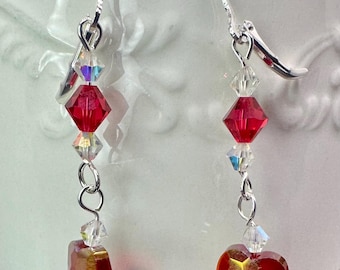 Valentine’s Red Heart Crystal Dangle Sterling Silver or Gold Plated Lever back Earrings