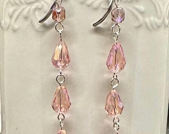 Pendientes de lágrima de cristal rosa ruborizado: colgantes en cascada, ganchos dorados y plateados