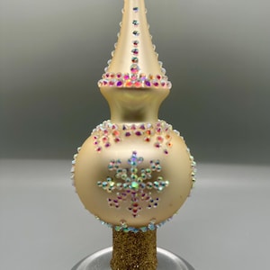 Beige Gold Matte, Blown Glass, Snowflake, Christmas Finial Tree Topper, Hand Decorated with Crystals