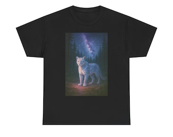 Mystical Cat Tee, Unisex Heavy Cotton Tee, Forest Cat Shirt, Cosmic Apparel, Unique Cat Graphic Tee, Nature Lover Gift, Animal Art Clothing