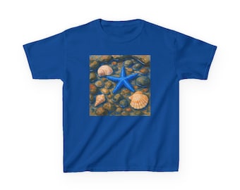 Starfish Beach Kids Tee, Summer Shirt, Ocean Lover Gift, Nautical Kidswear, Beach Day T-Shirt, Seashell Print Top