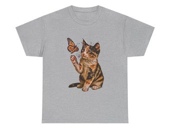 May include: A gray t-shirt with a cute tabby kitten reaching out to a butterfly with orange and black wings.