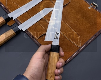 Chef Set, Handmade Japanese Chef Knife Set With Roll, Kitchen Knife Set, Custom Forged Kitchen knives, Personalized Gifts, Anniversary Gifts