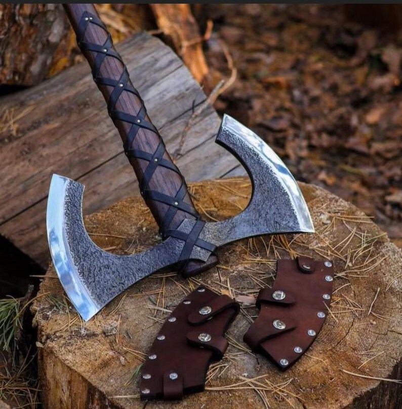 Double Headed Viking Axe, Bearded Axe, Hand Forged Steel Double Blade ...