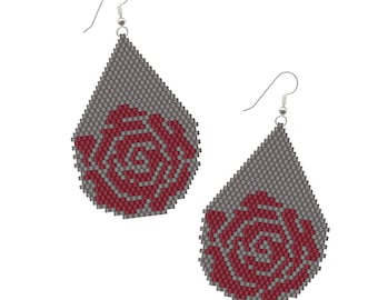 Brick Stitch Earrings Beading Pattern: Delica Bead Rose Drop Earring Design - Beadweaving Instant PDF Download Colored Graph and Word Chart