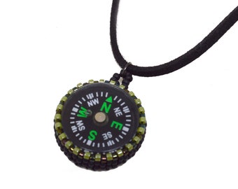 Working Compass Necklace Traveling Unisex Graduation Gift for Men or Women - 18 inch Faux Leather Adjustable Cord - Green Black Handmade USA
