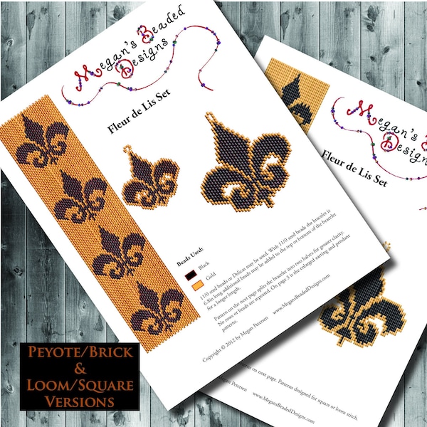 Fleur de Lis Beading Pattern Set - Peyote, Loom, Square or Brick Bracelet Earrings and Pendant Versions