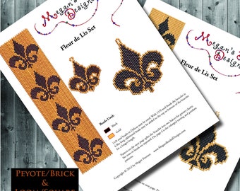 Fleur de Lis Beading Pattern Set - Peyote, Loom, Square or Brick Bracelet Earrings and Pendant Versions