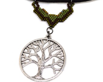 Nature Lover Gift Tree of Life Necklace for Women - 18 inch Faux Leather Adjustable Cord - Beaded Gifts for Girlfriend Pendant Handmade USA