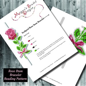 May include: A beaded bracelet pattern for a sculpted rose stem. The pattern uses white, dark red, light red, black, and green beads. The pattern is split into two halves for clarity. Copyright © 2011 by Megan Petersen www.MegansBeadedDesigns.com