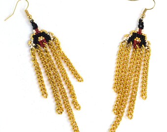 Boho Chic Earrings - Chain Fringes - Boho Earrings - Red and Gold