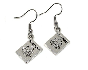 Travel Jewelry Passport Charm Earrings - Dangle from Clip Ons or Surgical Steel Hooks for Sensitive Ears - Wanderlust Globetrotter Gift