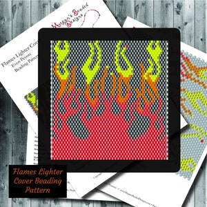 Beading Pattern: Flames Lighter Cover in Brick Stitch or Even Peyote with Red Orange Yellow and Black | Word Chart Easy to Follow