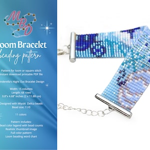 Può includere: Un braccialetto con telaio di perline con un motivo blu e bianco, con chiusura e catena argentate. Il design misura 2 cm x 11,88 cm. L'immagine include anche il testo "Loom Bracelet beading pattern".